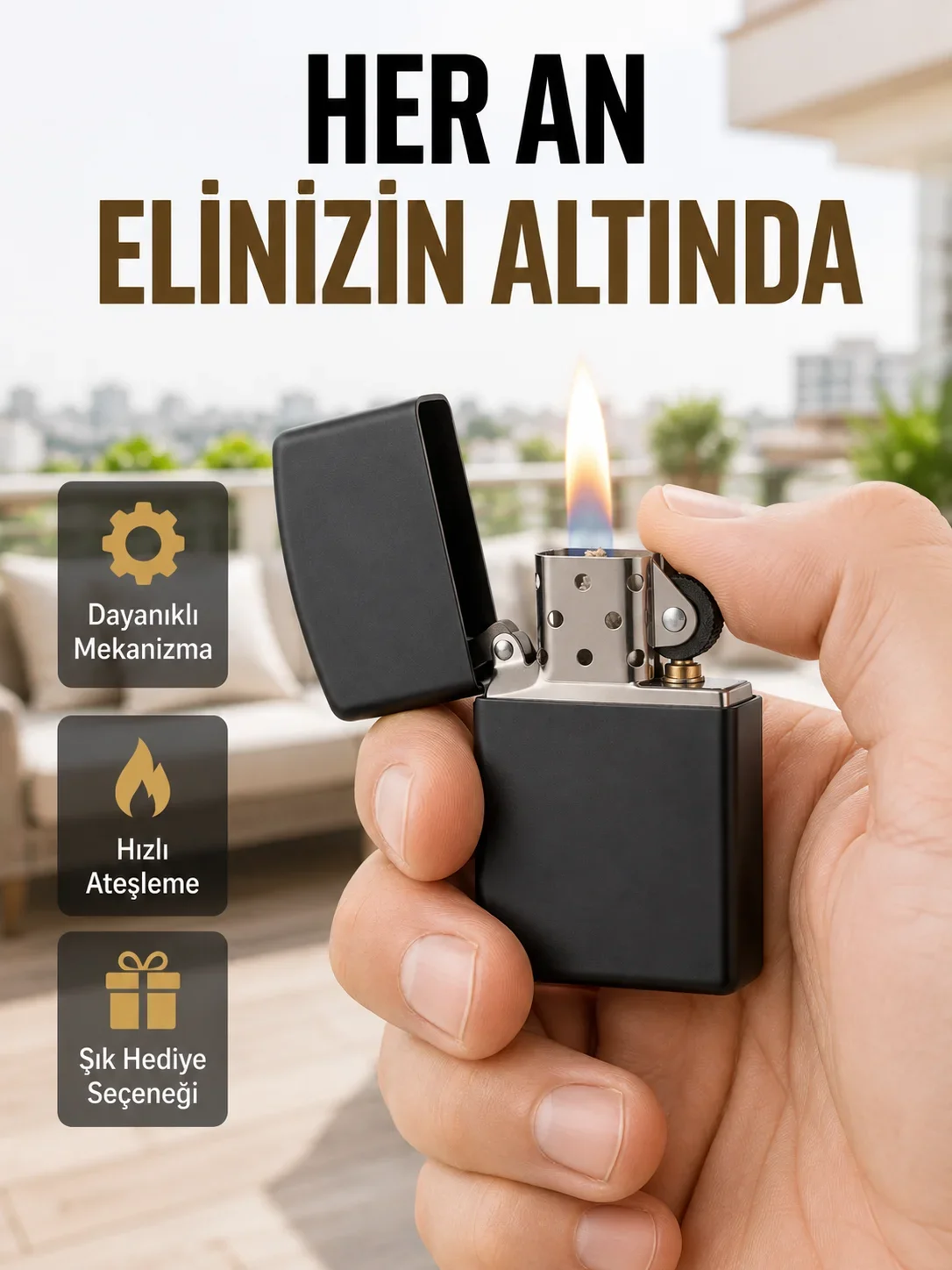 Metal Gövdeli Tasarım Çakmak Mat Yüzeyli ve Ergonok Tutma Özellikli
