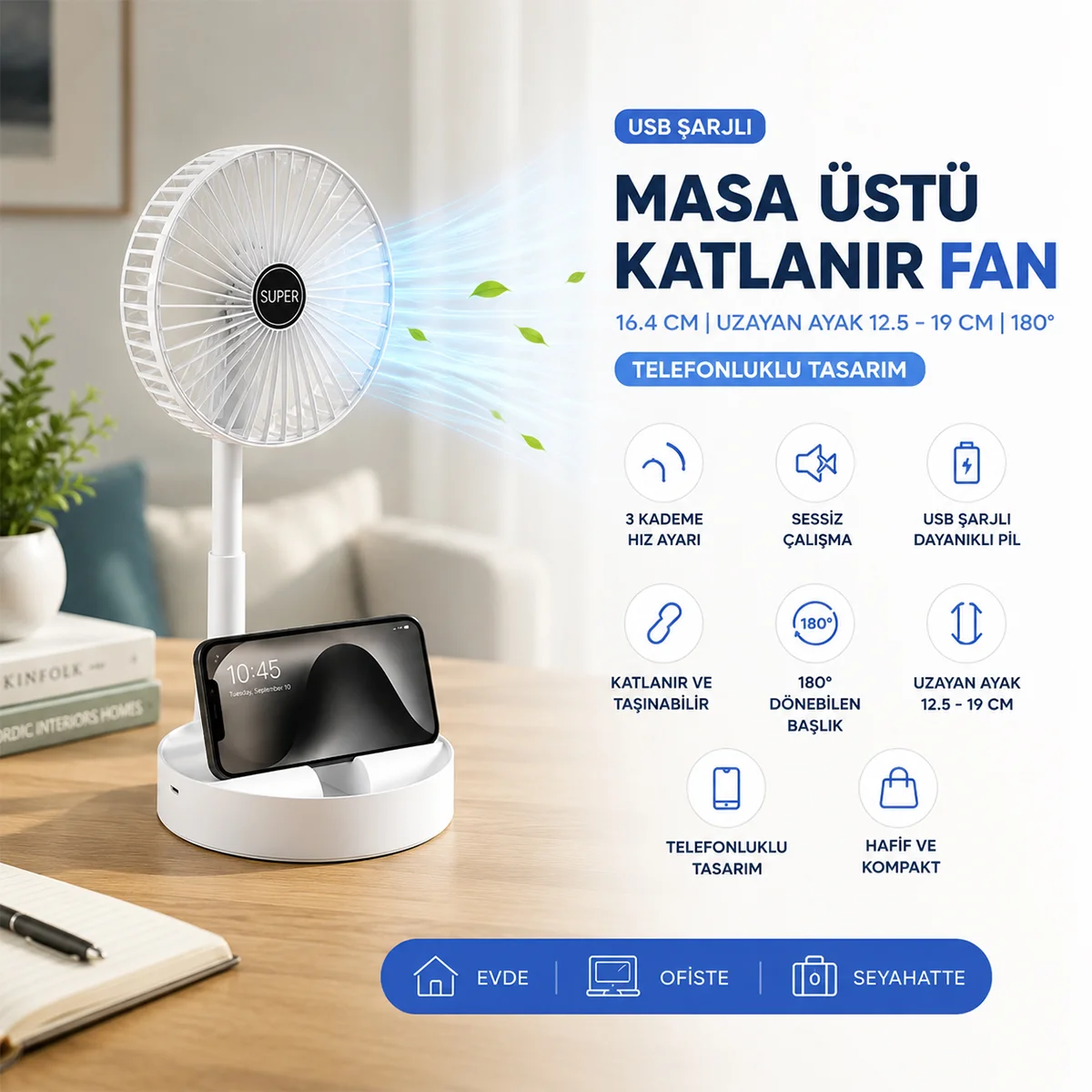 USB Şarjlı Katlanır Masaüstü Vantilatör (16.4 Cm) görsel 3