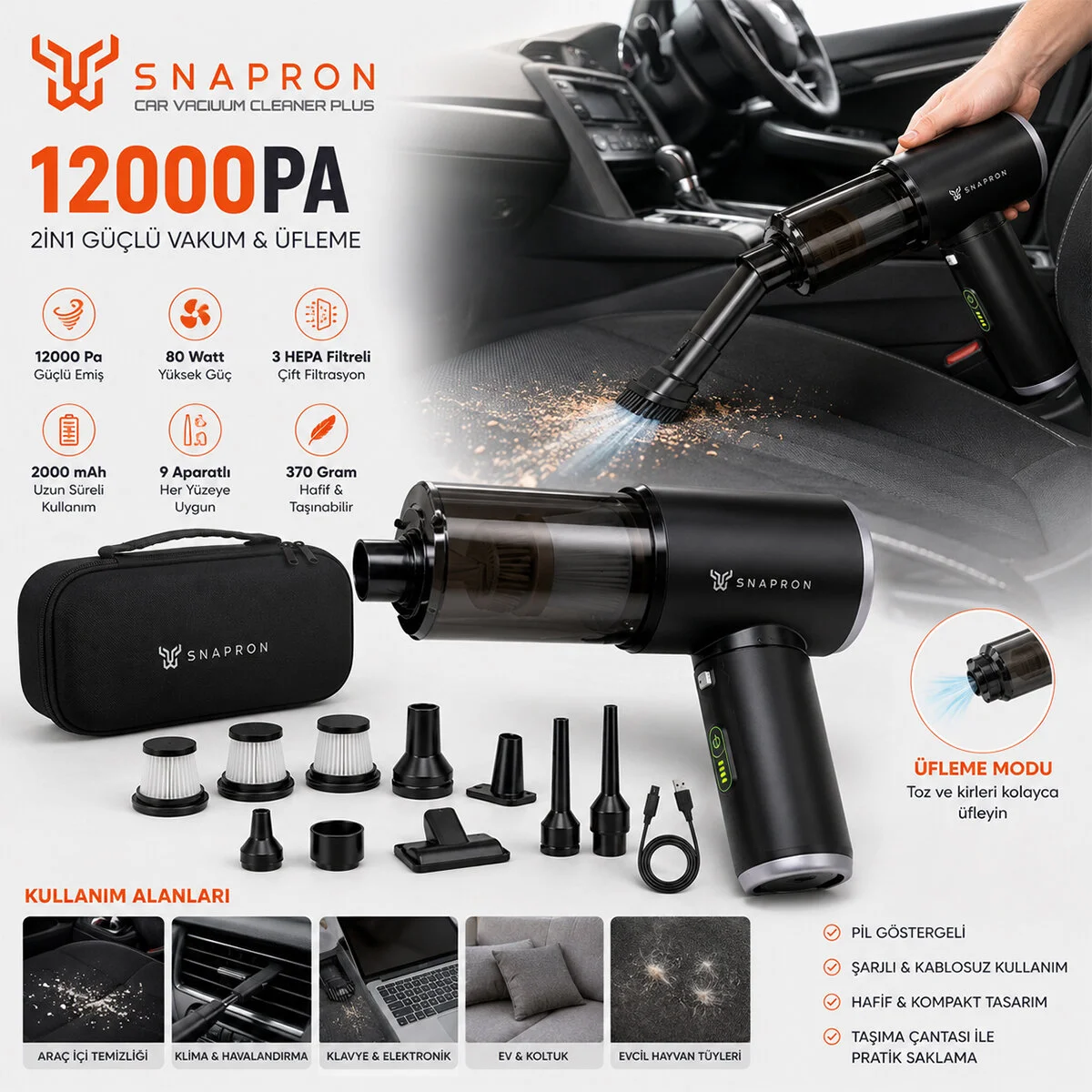 Oto Araç - 2IN1 Şarjlı 80W - 12000PA 9 Başlık - 3 Filtre El Tipi Basınçlı Hava Üfleme - Araç Süpürge Makinesi Taşıma Çantalı SNV-3002 görsel 2