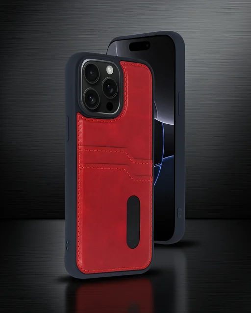 Apple İphone 15 Pro Max Kılıf Sara Kartvizitli Deri Kılıf - Kırmızı