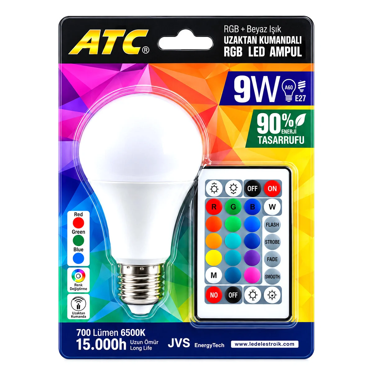 Kumandalı - Rgb 9W=60W - E27 Led Ampul 700LM 15000 Saat Ömür