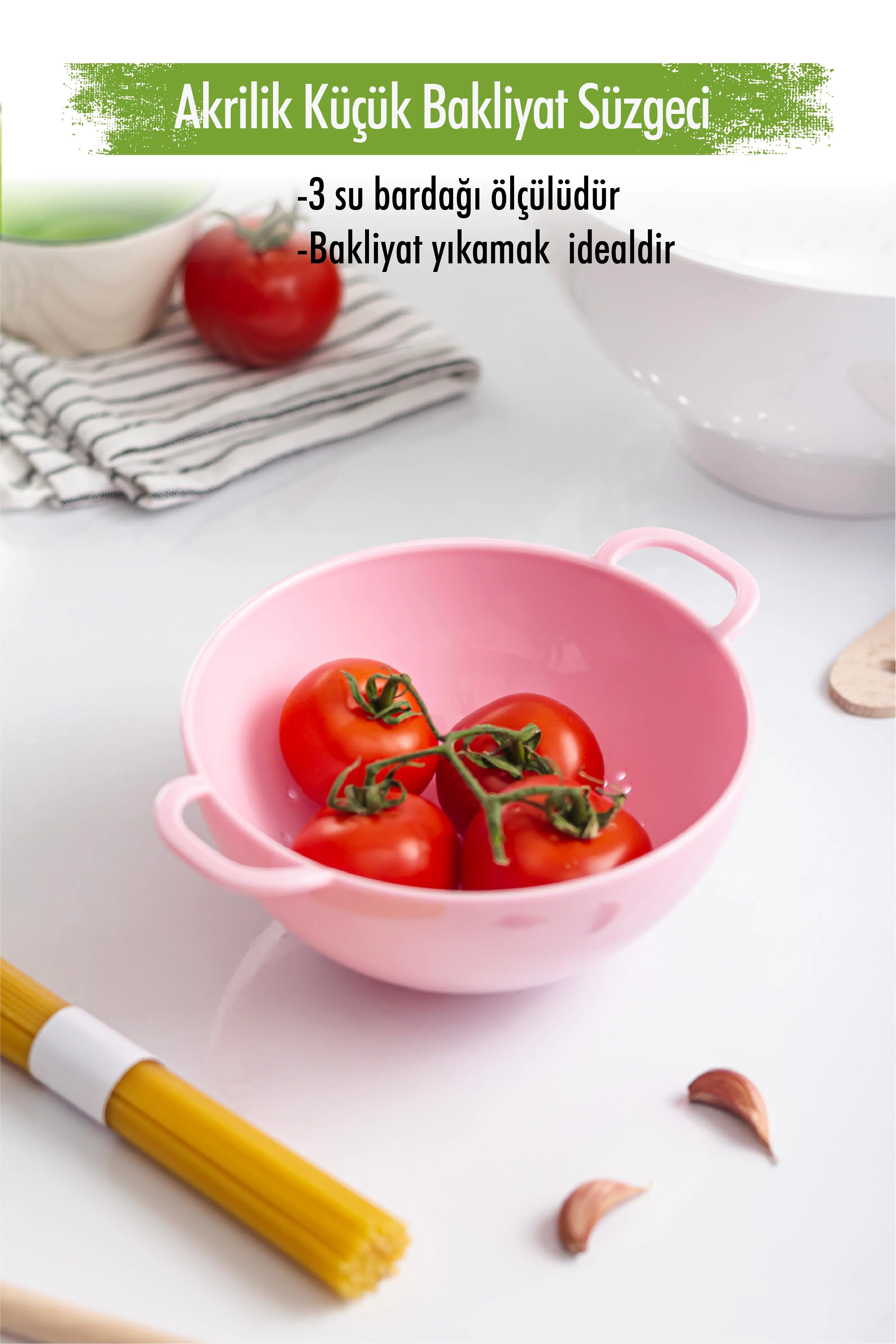 Akrilik Soft Pembe ni Pirinç Süzgeçi & Bakliyat Süzgeçi (3 SU BARDAĞI ÖLÇÜLÜ)
