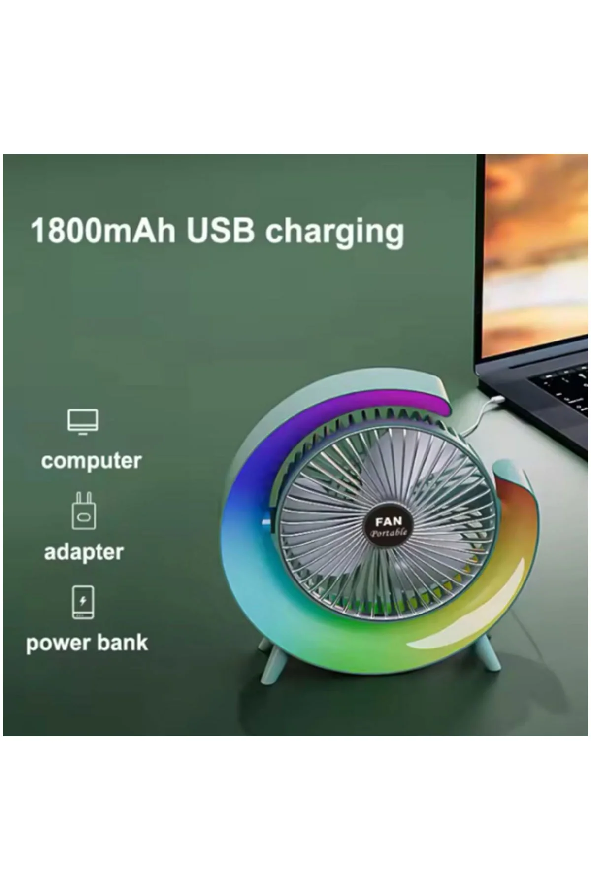 Masaüstü Vantilatör Usb Şarjlı Rgb Led Işıklı 3 Kademeli 180° Ayarlanabilir Soğutucu Fan Pembe görsel 2