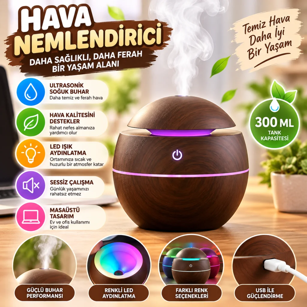 Küre Model Akasya Renk Hava Nemlendirici – Ultrasonik Soğuk Buhar Makinesi, LED Işıklı Masaüstü Oda Nemlendirici