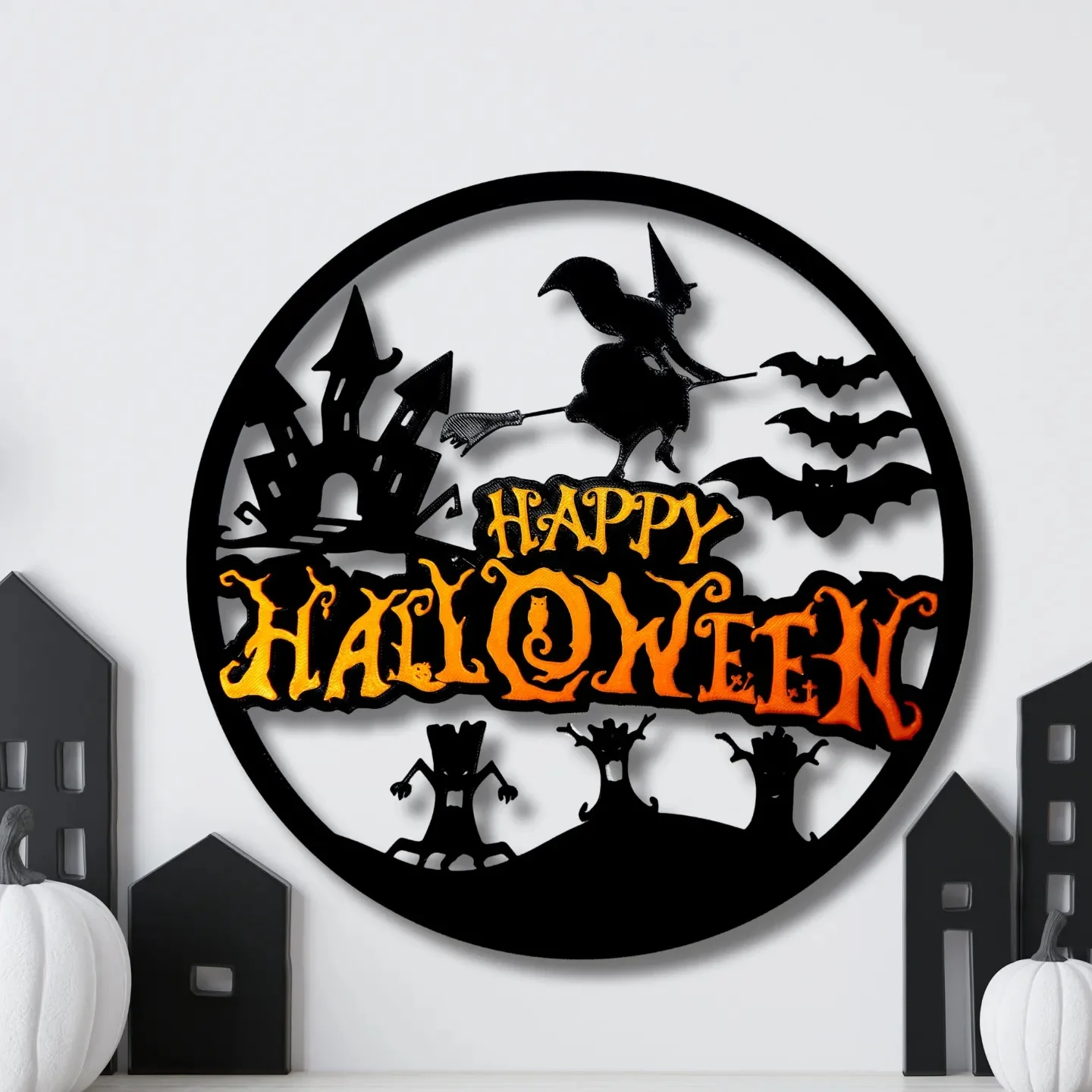 3D Baskı Happy Halloween Yuvarlak Duvar Panosu Cadı Şato Yarasa Silüetli Kapı Süsü Duvar Dekoru Siyah