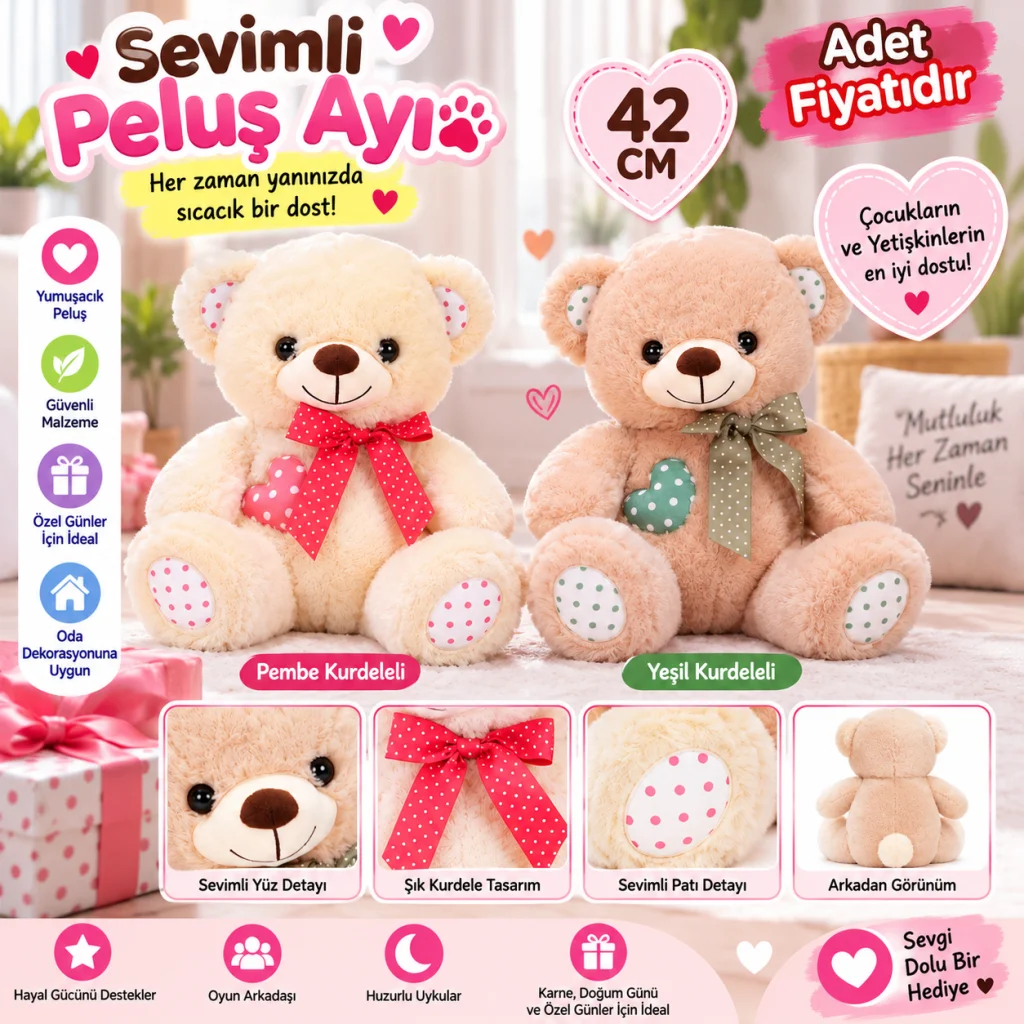 1001522 PELUŞ AYI OTURAN KURDELELİ KALPLİ 42 CÖ 2A (adet fiyatıdır) görsel 3