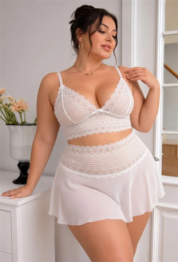 Şık Tasarım Büyük Beden Kadın Beyaz Dantelli Bralet ve Şifon Etek İkili İç Giyim Takımı