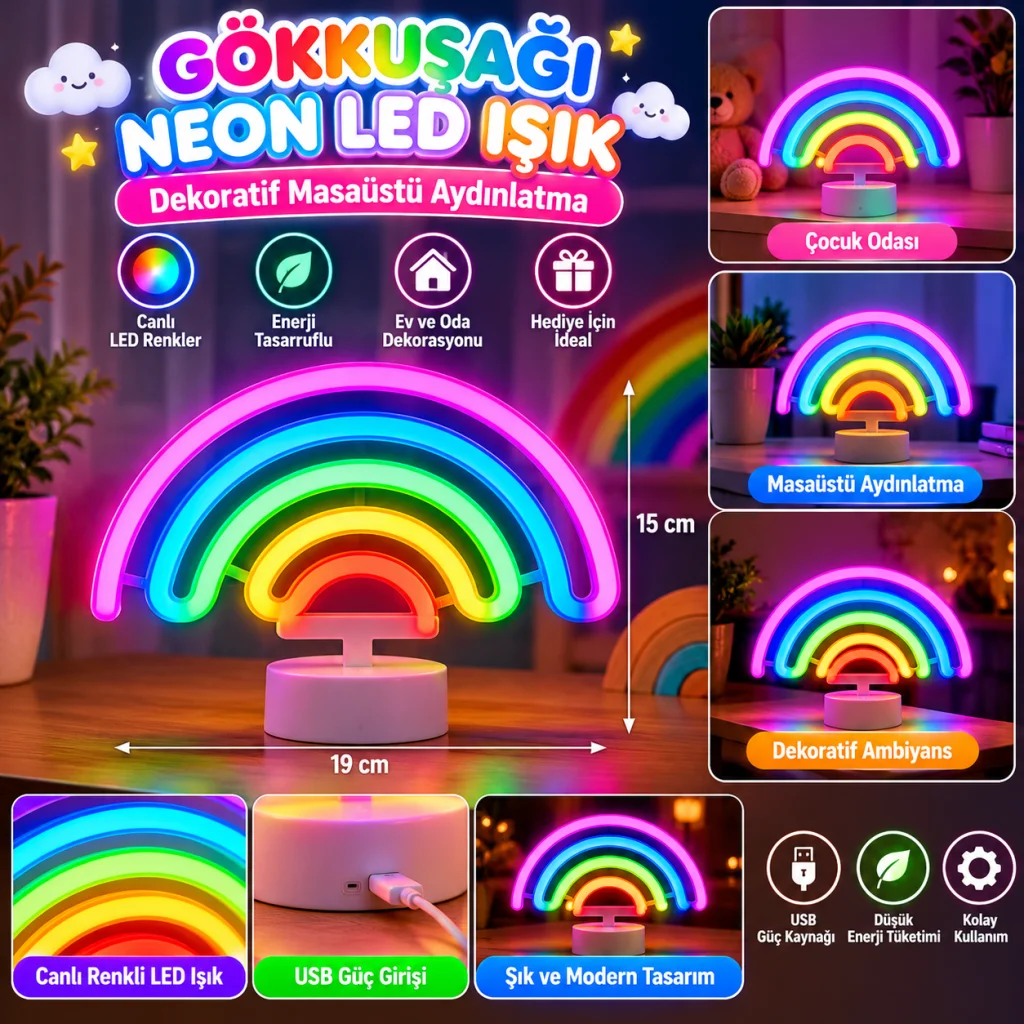 Plastik Gökkuşağı Neon LED Işık – Dekoratif Renkli Masaüstü ve Ambiyans Aydınlatması