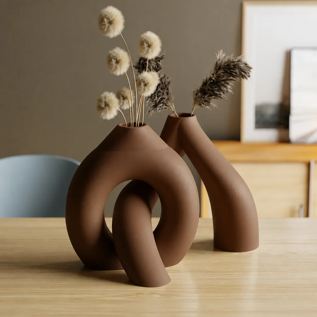 3D Baskı Interlocking Vazo - İç İçe Geçen Dekoratif Vazo-Kahverengi
