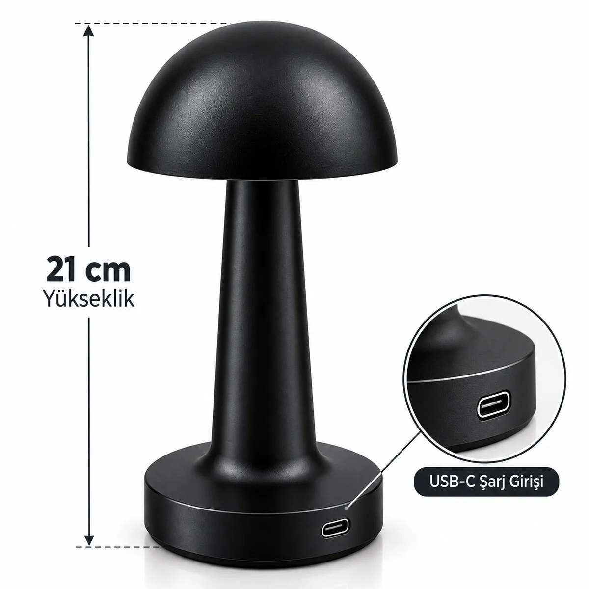 Siyah - Oval Dekoratif Masa Lambası Mantar Dokunmatik Usb - Type-c Şarjlı 3 Fonksiyon Renkli İ10-028 görsel 2