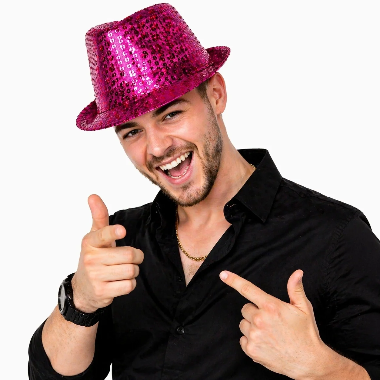 Fuşya Pembe Payetli Disco Parti Şapkası Yetişkin Işıltılı Fötr Model görsel 3