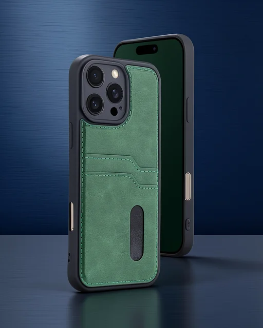Apple İphone 16 Pro Max Kılıf Sara Kartvizitli Deri Kılıf - Koyu Yeşil