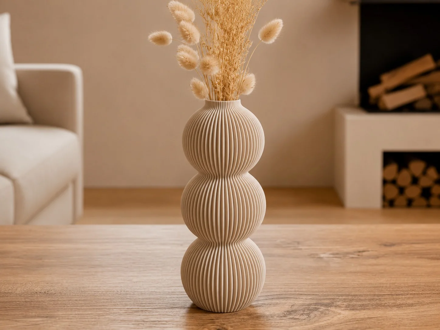 3D Baskı Modern 3 Küre Dekoratif Vazo - Minimal Çiçek Vazosu, Masaüstü Ev ve Ofis Dekoru-Bej