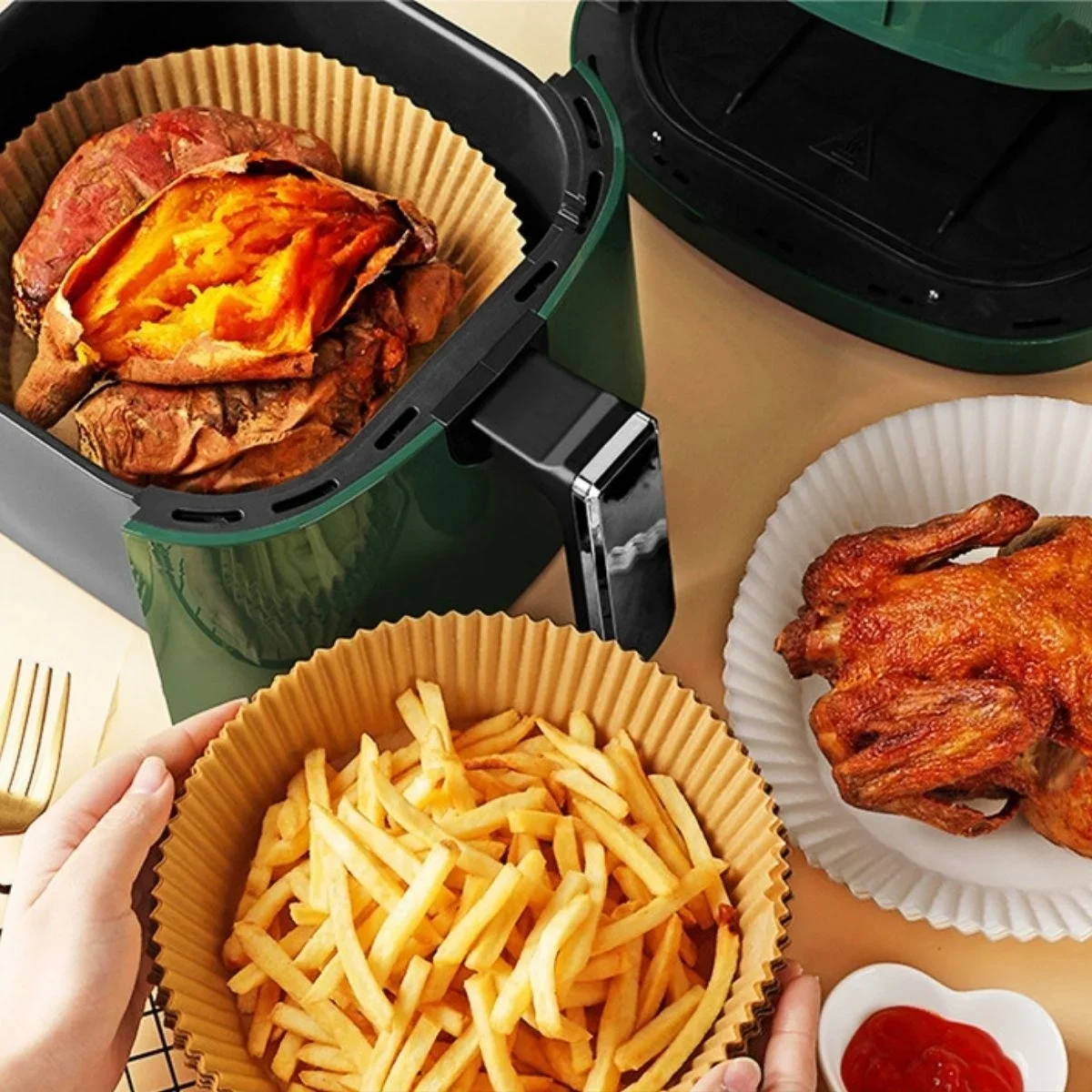 100 Adet Air Fryer Pişirme Kağıdı Tek Kullanımlık Yağlı Kağıdı Yuvarlak Tabak Model görsel 7