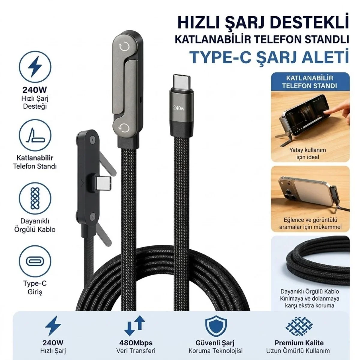 240W Hızlı Şarj Destekli Katlanabilir Telefon Standlı Örgülü Type-C to Type-C Şarj Kablosu