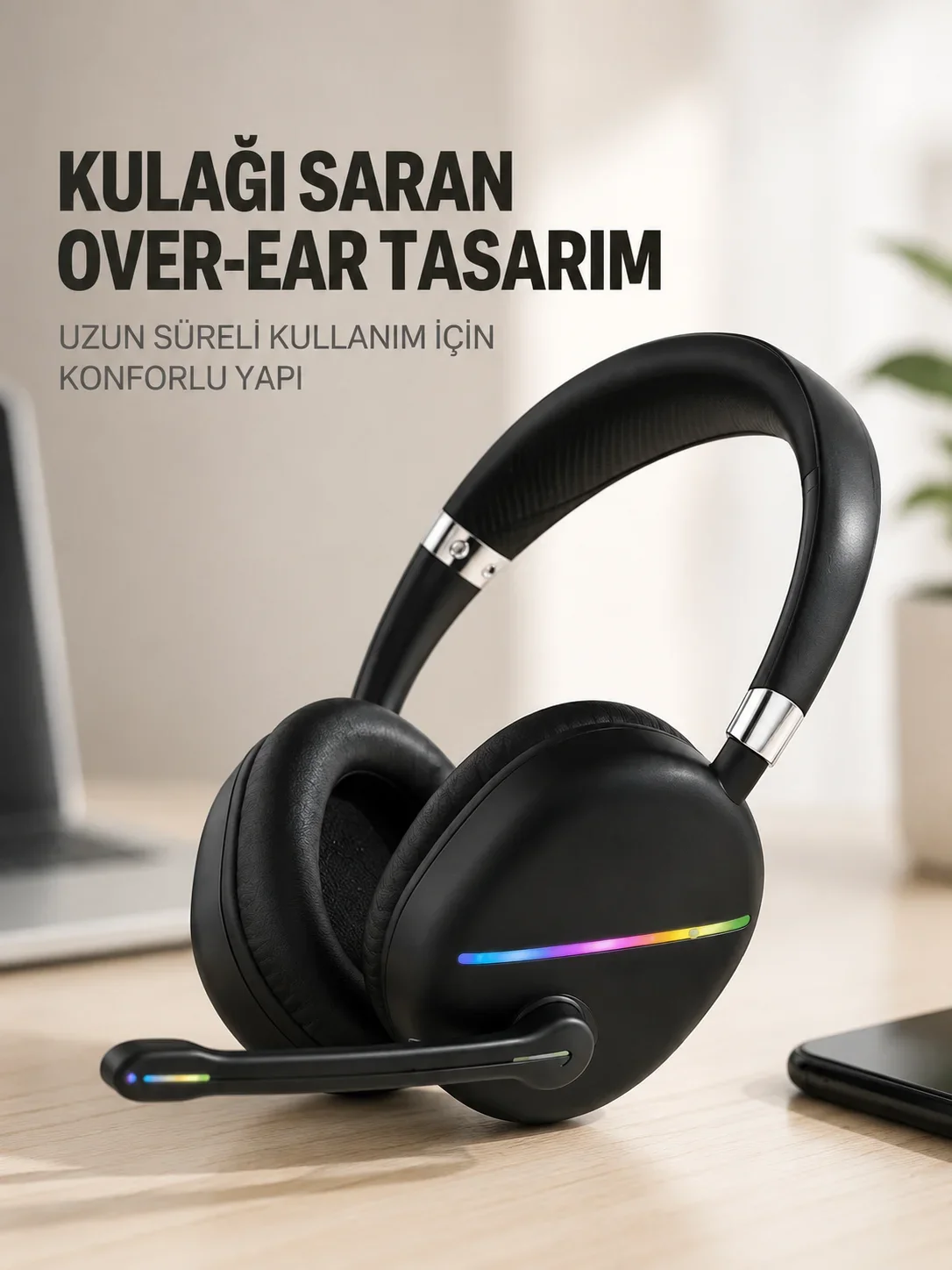 RGB Işıklı Bluetooth krofonlu Kulaklık Uzun Süreli Kullanım Type-C Şarjlı
