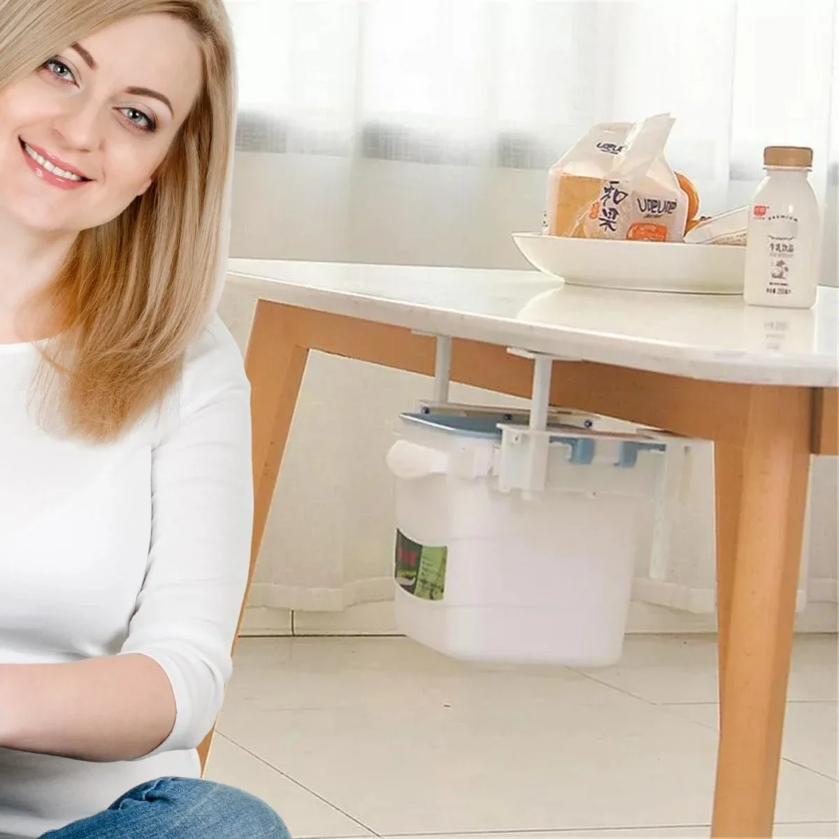 ni Masa Çöp Kovası Plastik Tezgah Altı Geri Çekilebilir Yapışkanlı Görünmez Bölme Pratik görsel 7