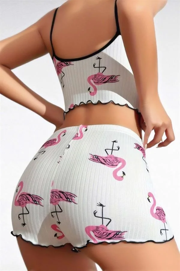 Pamuklu Beyaz Üstüne Pelikan Desen Fitilli Askılı Şortlu Pijama Takımı görsel 3