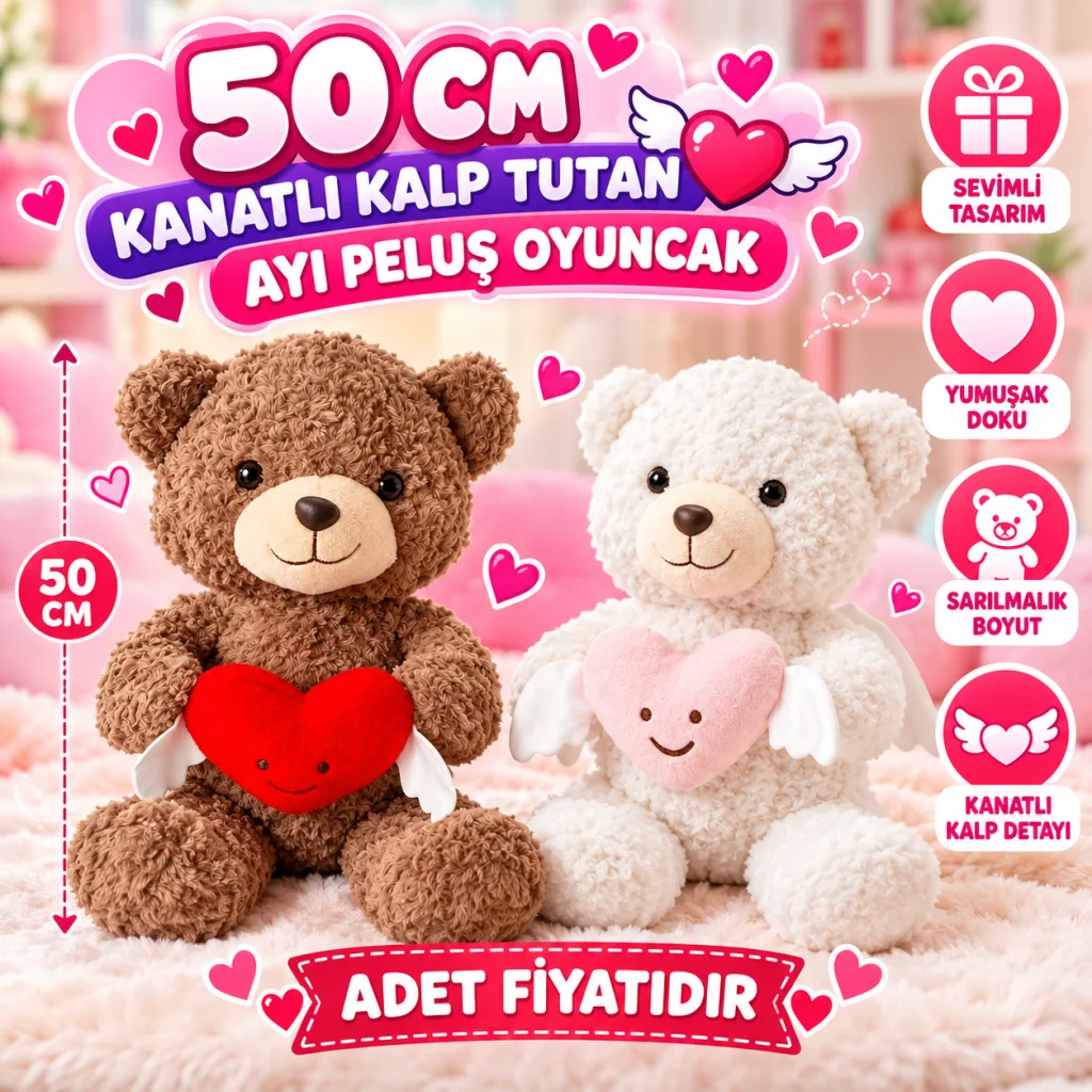 PL50247 50 Cm Kanatlı Kalp Tutan Ayı Peluş Oyuncak