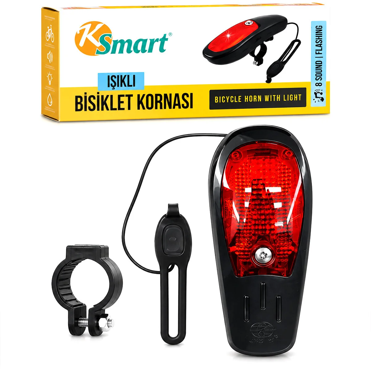 Bisiklet Kornası - Zil Işıklı 2XAA Pil 8 Fonksiyon Zil K-1169
