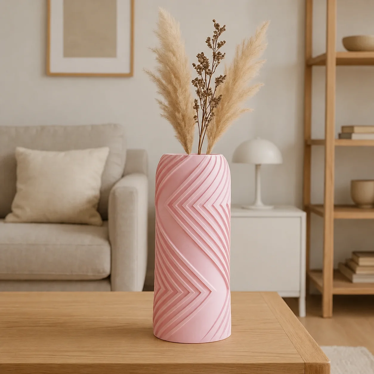 3D Baskı Vector Vazo - Geometrik Çizgili Dekoratif Vazo-Pembe