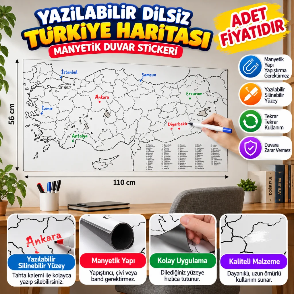 Yazılabilir Türkiye Haritası Manyetik Duvar Stickerı 110 x 56 cm (adet fiyatıdır)