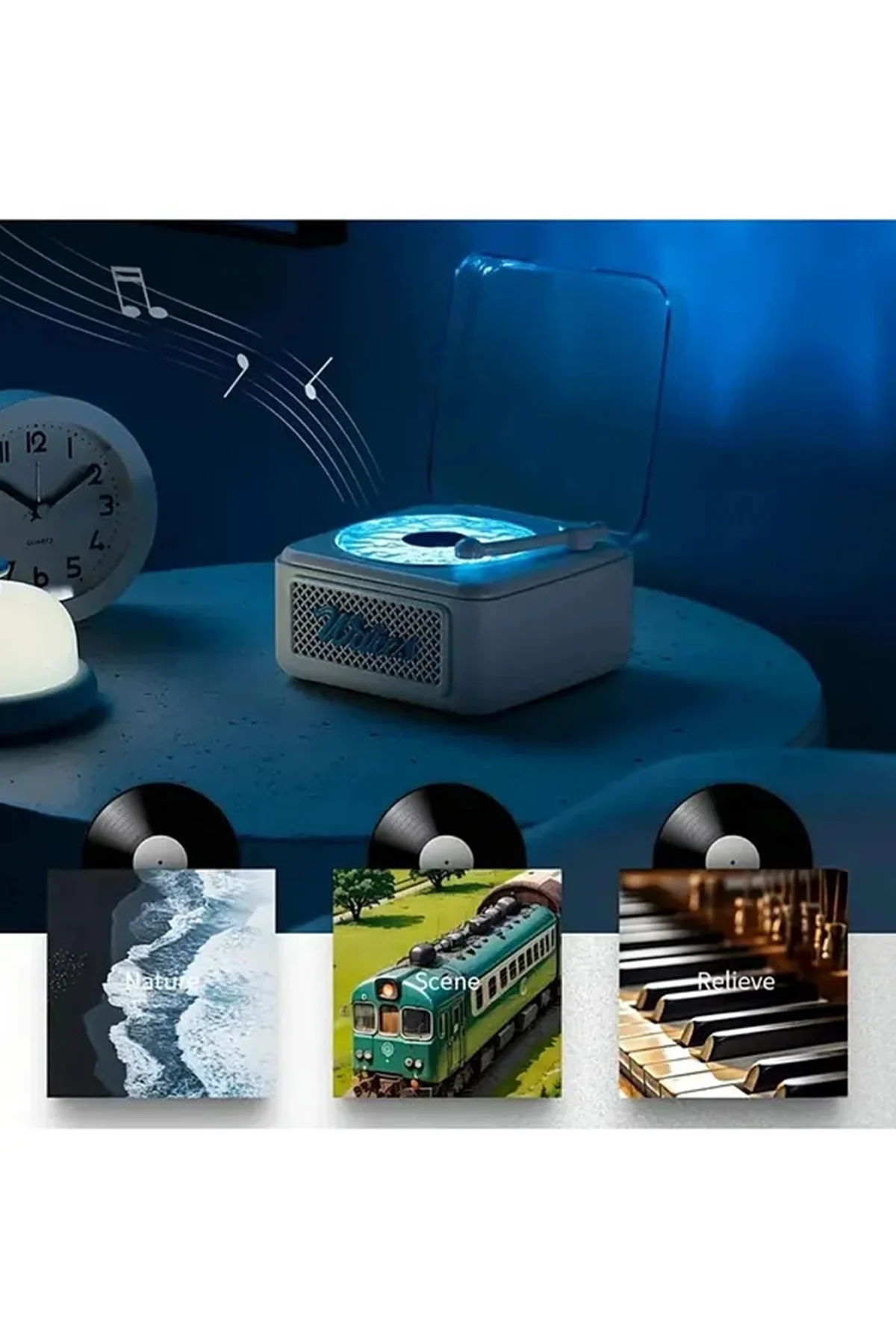 Nostalji Mini Plak Görünümlü Radyolu Bluetooth Hoparlör 3D Ses Dalgası Retro Müzik Plak Beyaz görsel 4