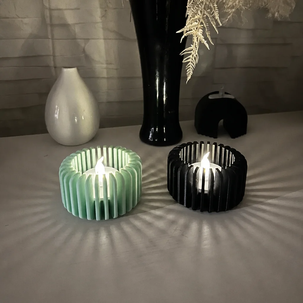 3D Baskı Modern Çizgili Mumluk - Tealight Mumluk (1 Adet)-Mint