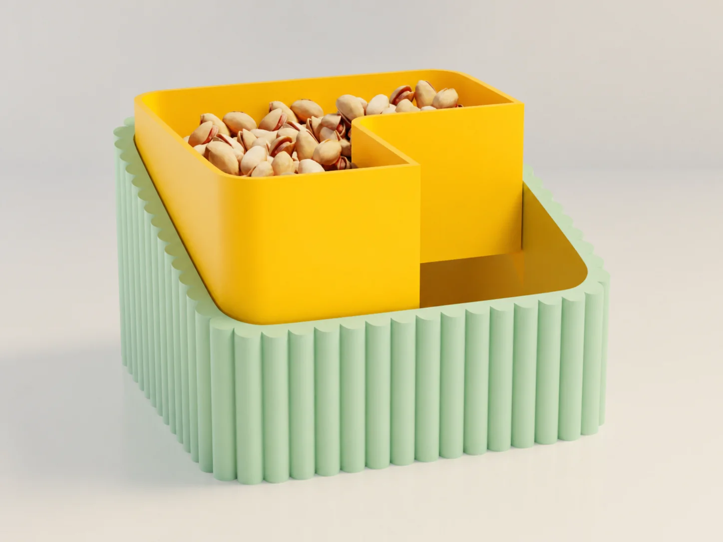 3D Baskı Fıstık Kasesi - Çift Hazneli Kabuk Ayırıcı Sunum Kasesi - Mint Sarı