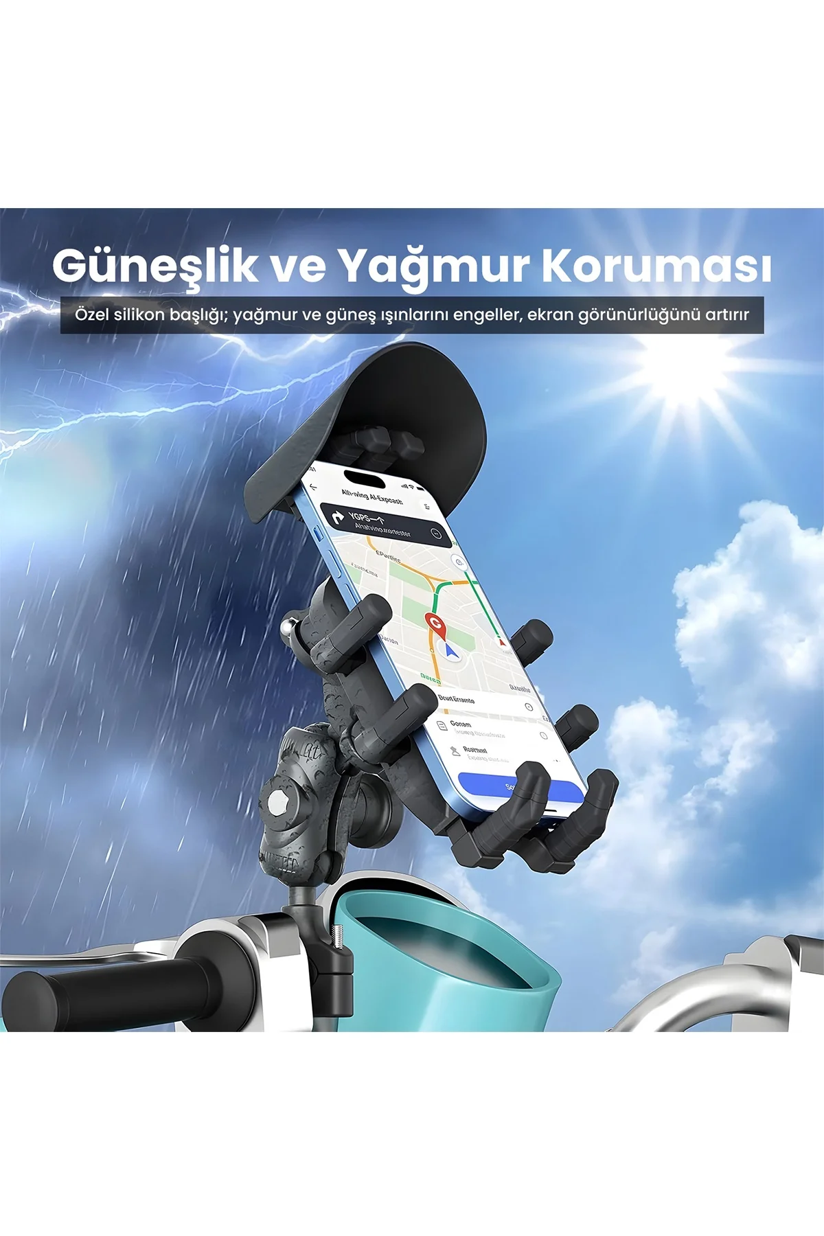 Gidon Bağlantılı Güneş ve Yağmur Korumalı 360° Derece Ayarlanabilir Motosiklet Bisiklet Telefon Tutucu görsel 4