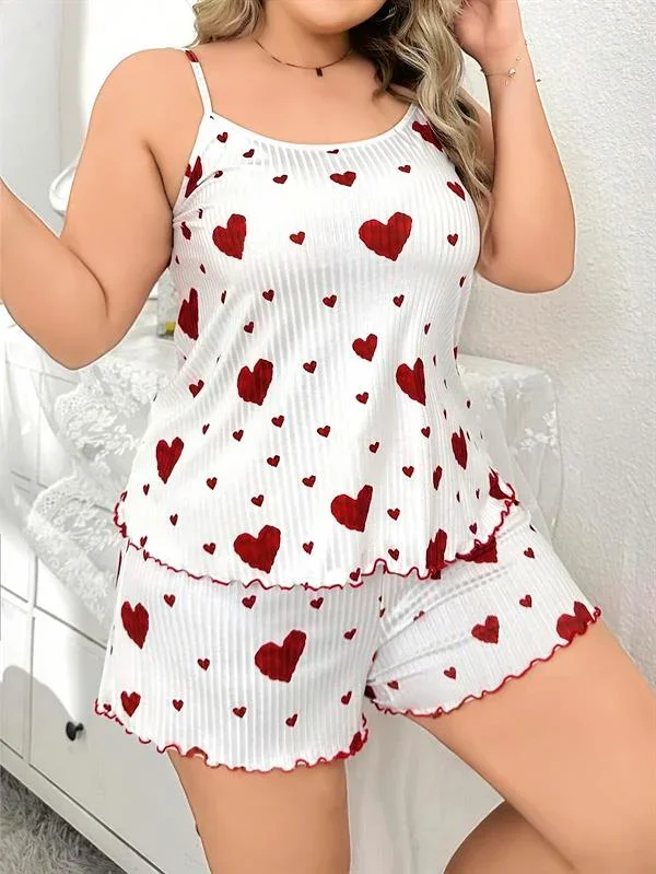 Büyük Beden Kalp Desen Pamuklu Şortlu Pijama Takımı görsel 3