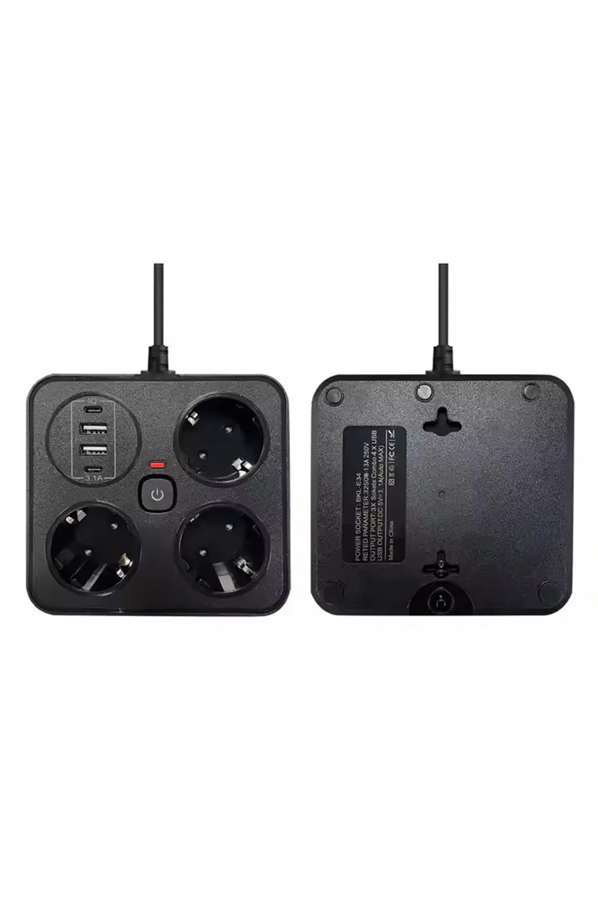 Akım Korumalı Anahtarlı Priz - 3X Priz - 2X Usb - 2X Type-C - 2 mt Kablo Hızlı Şarj Özellikli Siyah