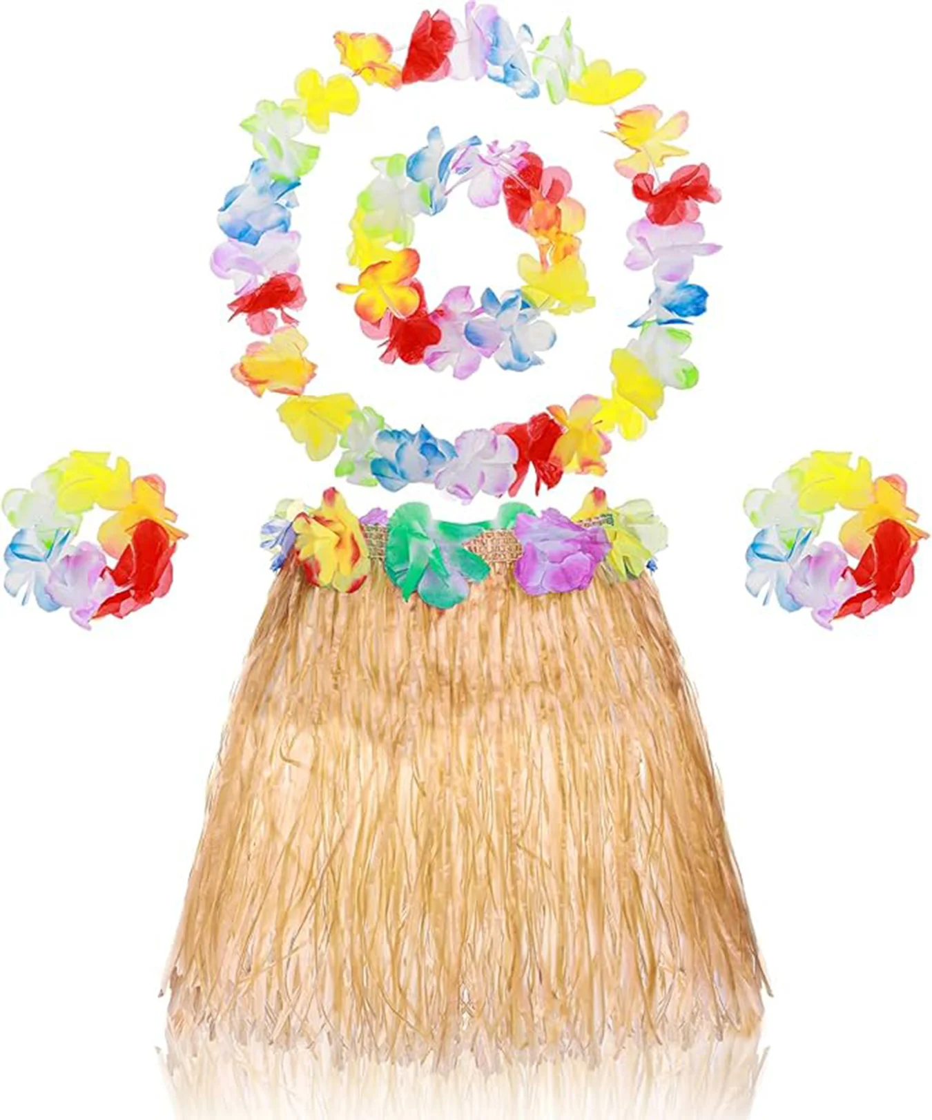 Yetişkin Çocuk Hawaii Parti Seti - 40 cm Naturel Etek + Çiçek Aksesuarlar (5 Parça) görsel 2