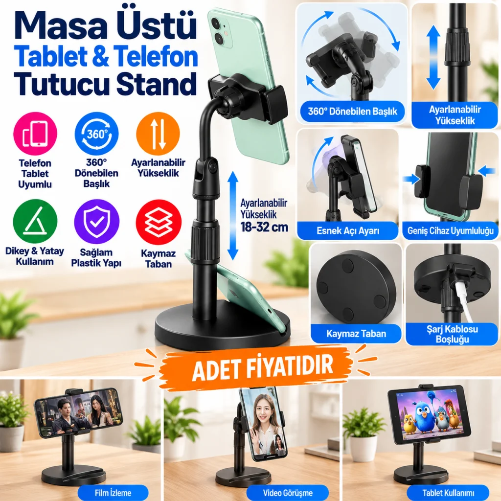 Masa Üstü Tablet ve Telefon Tutucu Plastik Aparat Siyah Telefon Standı (adet fiyatıdır)