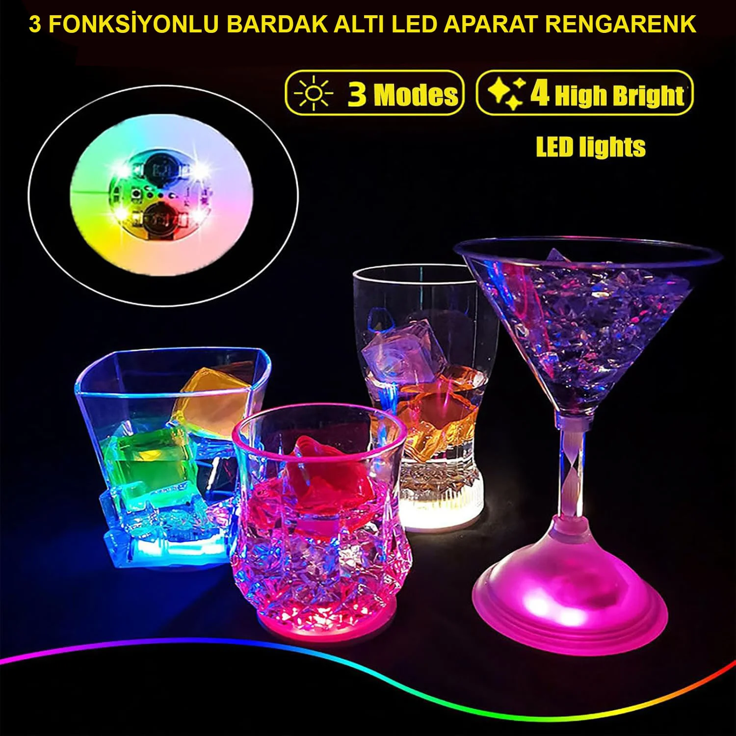 Renkli LED Işıklı Bardak Altlığı - Dekoratif (12 Adet, Pilli) görsel 2