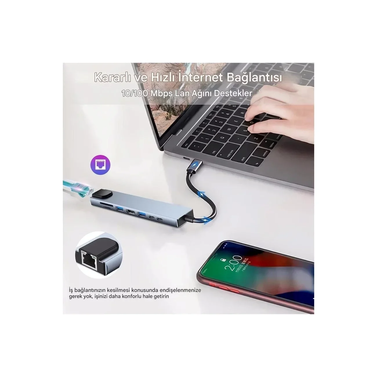MacBook ve Laptop Uyumlu Çok Fonksiyonlu USB-C Dönüştürücü - Alünyum Gövdeli Hub görsel 4