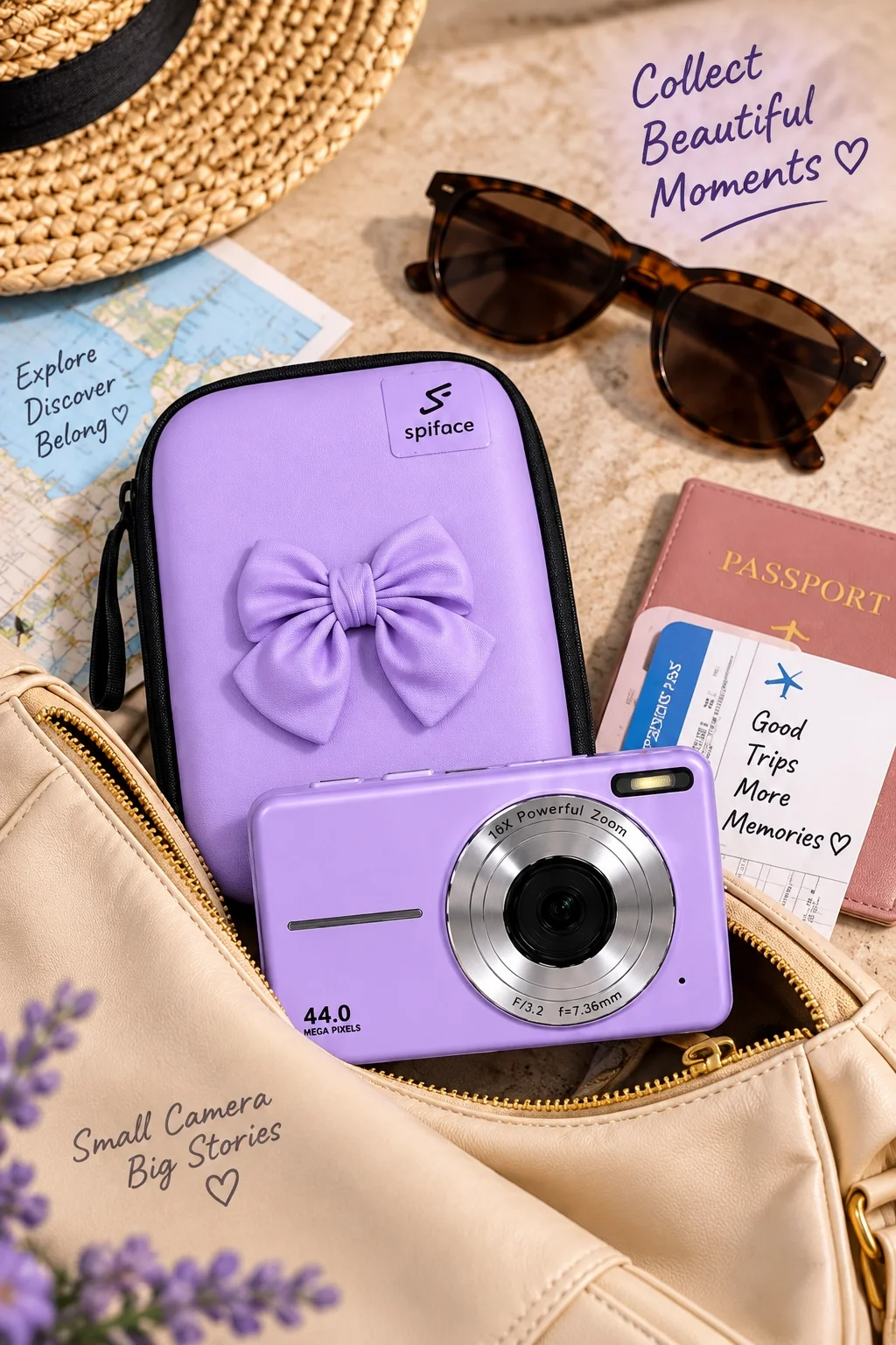 4K Figürlü Çantalı Dijital Video Kamera 44MP 16X Zoom Işıklı Kart Dijital Fotoğraf Makinesi 64gb Hafıza Kart Hediyeli Mor görsel 5
