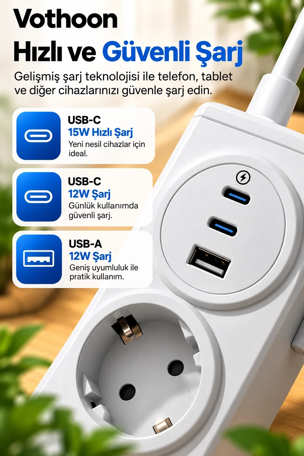 Vothoon 4’lü Akıllı Priz Tek Dokunuşla Fiş Çıkarma 2 Metre Kablo 2 Type-C + USB 15W Hızlı Şarj 3680W Krem görsel 3