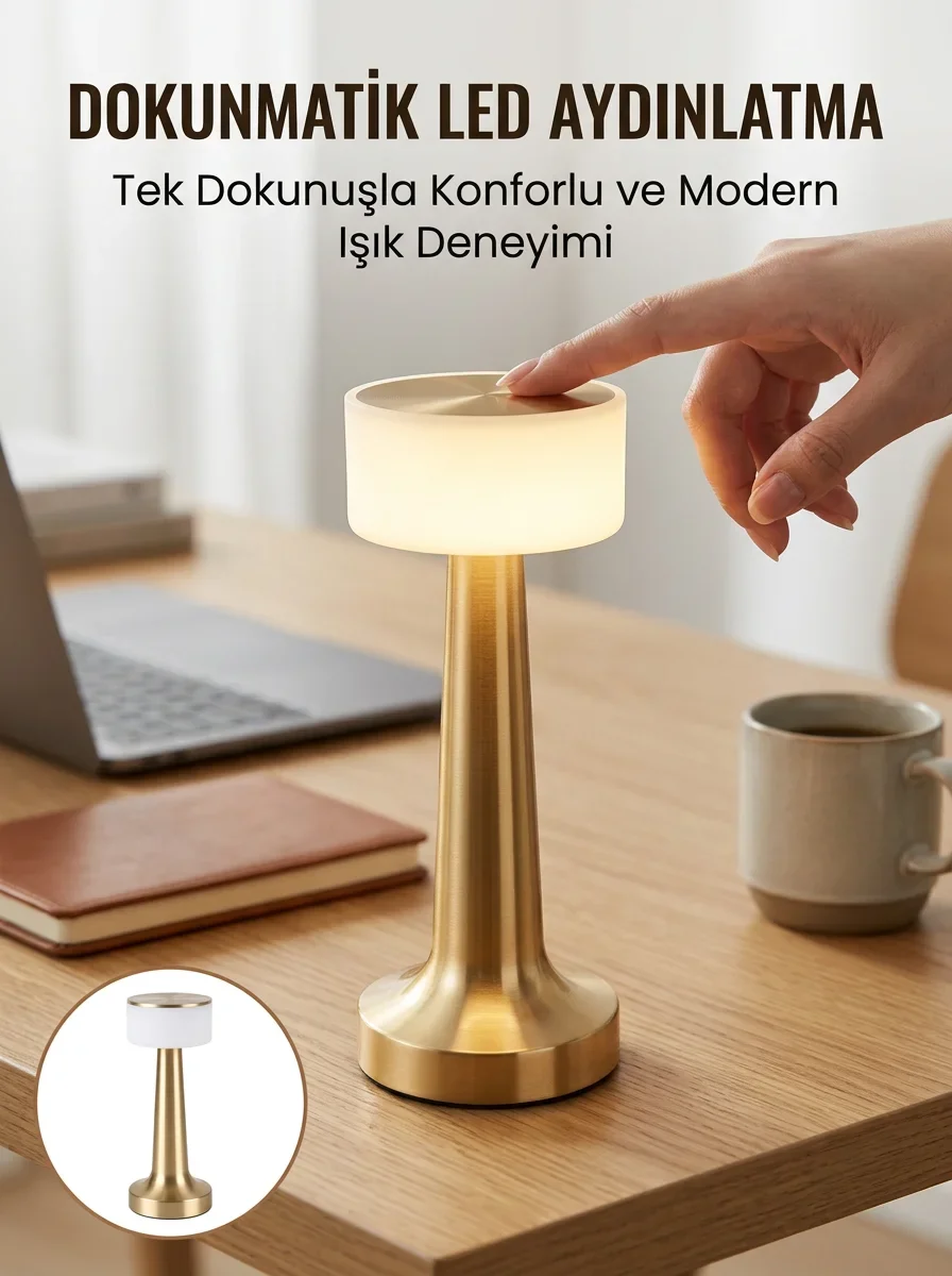 Kablosuz Renkli Masa ve Gece Lambası Altın Rengi Dokunmatik Led Lamba Yeni Nesil