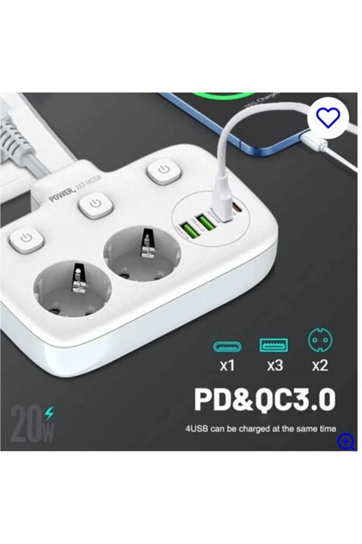 Akım Korumalı 2’li Ayrı Anahtarlı Priz, 2x Priz, 3x Usb, 1x Type-c, 2 Mt Kablo, Hızlı Şarj görsel 2