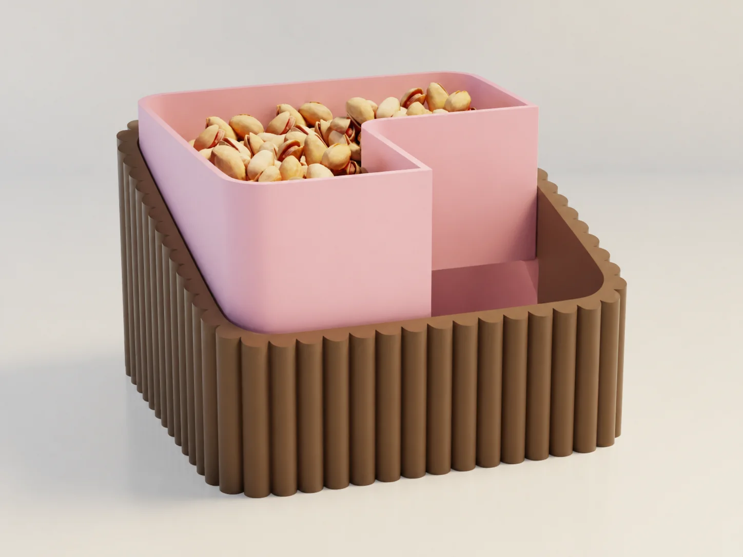 3D Baskı Fıstık Kasesi - Çift Hazneli Kabuk Ayırıcı Sunum Kasesi - Kahverengi Pembe