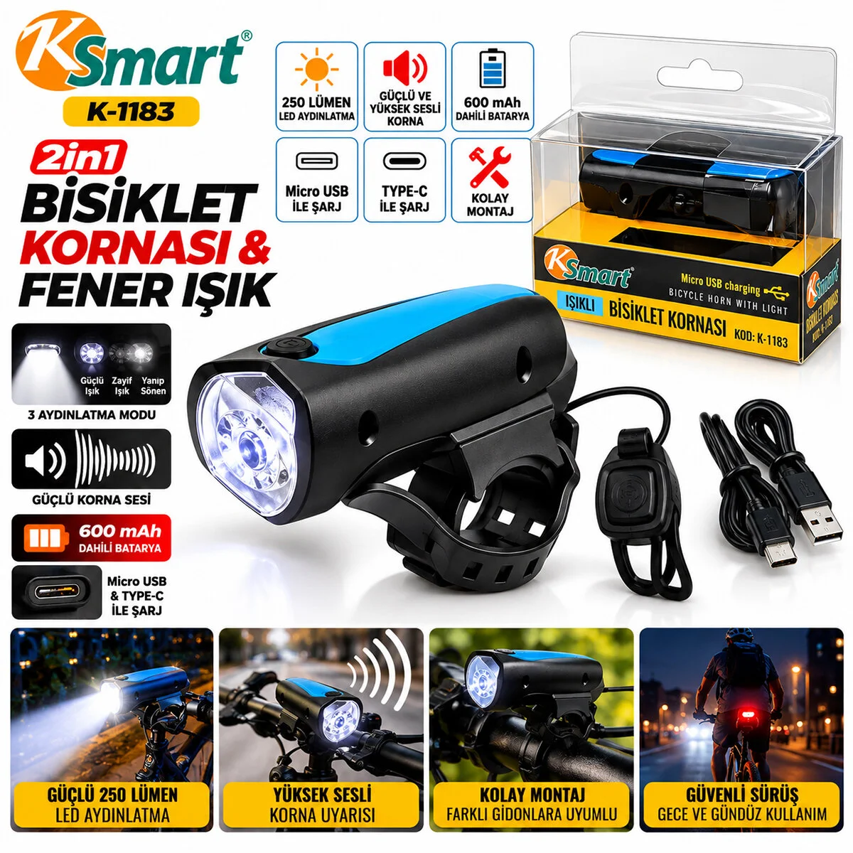 2IN1 Bisiklet Kornası - Bisiklet Fener Işık Usb - Type-c Şarjlı K-1183 görsel 2