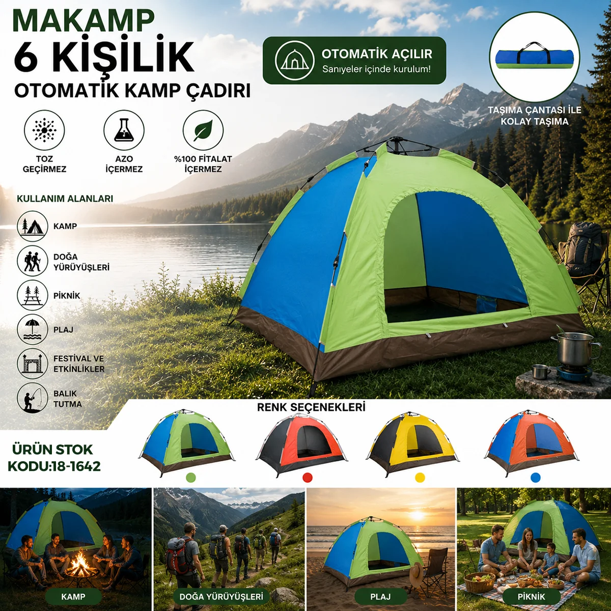 6 Kişilik Otomatik Kamp Çadırı - Toz Geçirmez 220x250x165 cm görsel 2