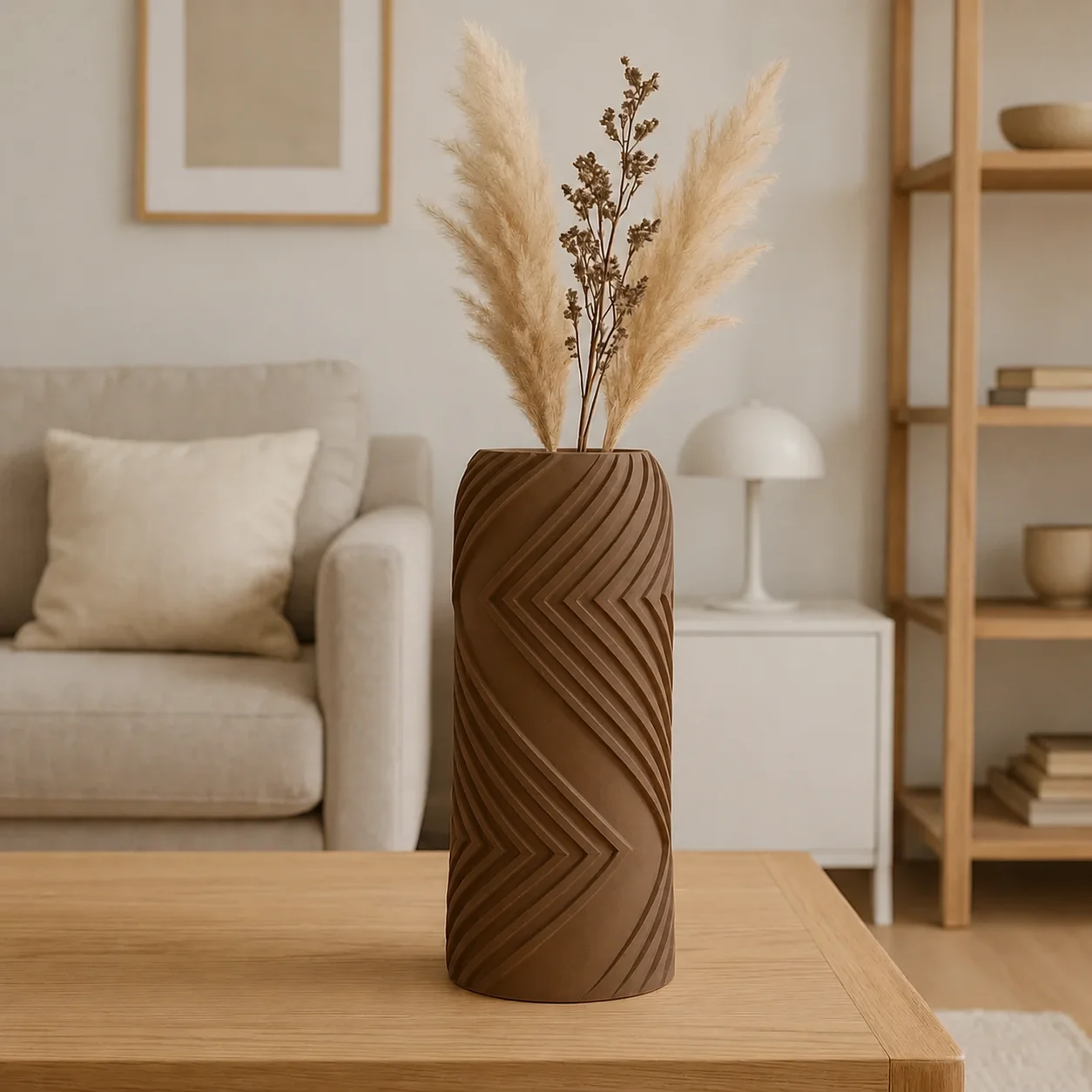 3D Baskı Vector Vazo - Geometrik Çizgili Dekoratif Vazo-Kahverengi