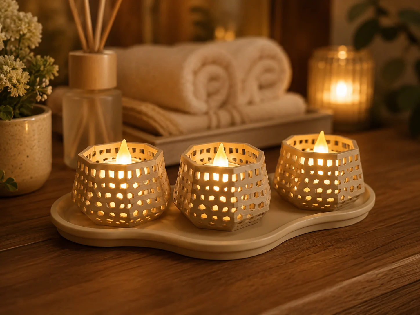 3D Baskı Dekoratif Mumluk Seti - Desenli Tealight ve Masaüstü Aydınlatma Objesi-Bej
