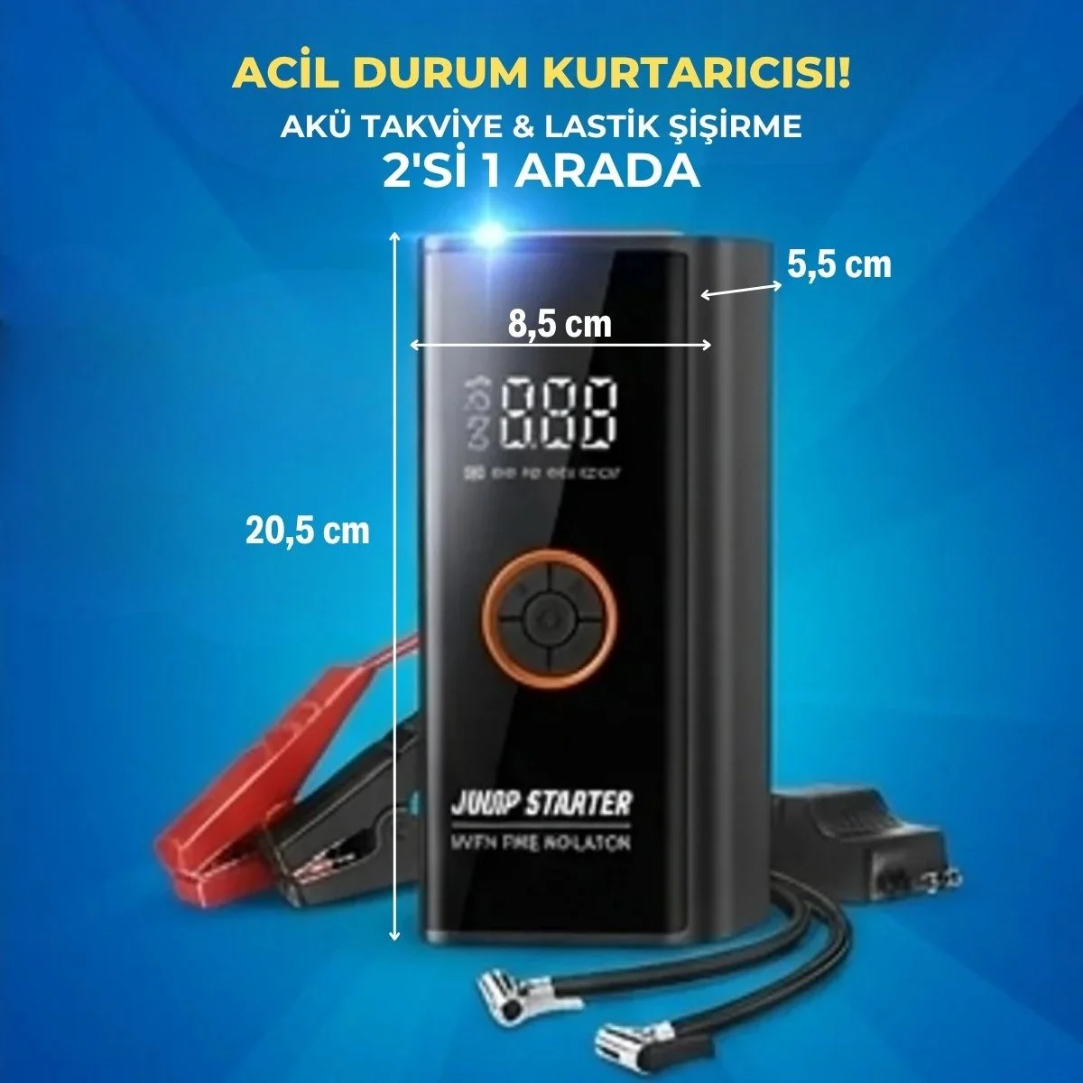 Akü Takviye Cihazı ve Lastik Şişirme Pompası – Powerbank Özellikli, Dijital Ekranlı SOS Fenerli Taşınabilir Kompresör görsel 5