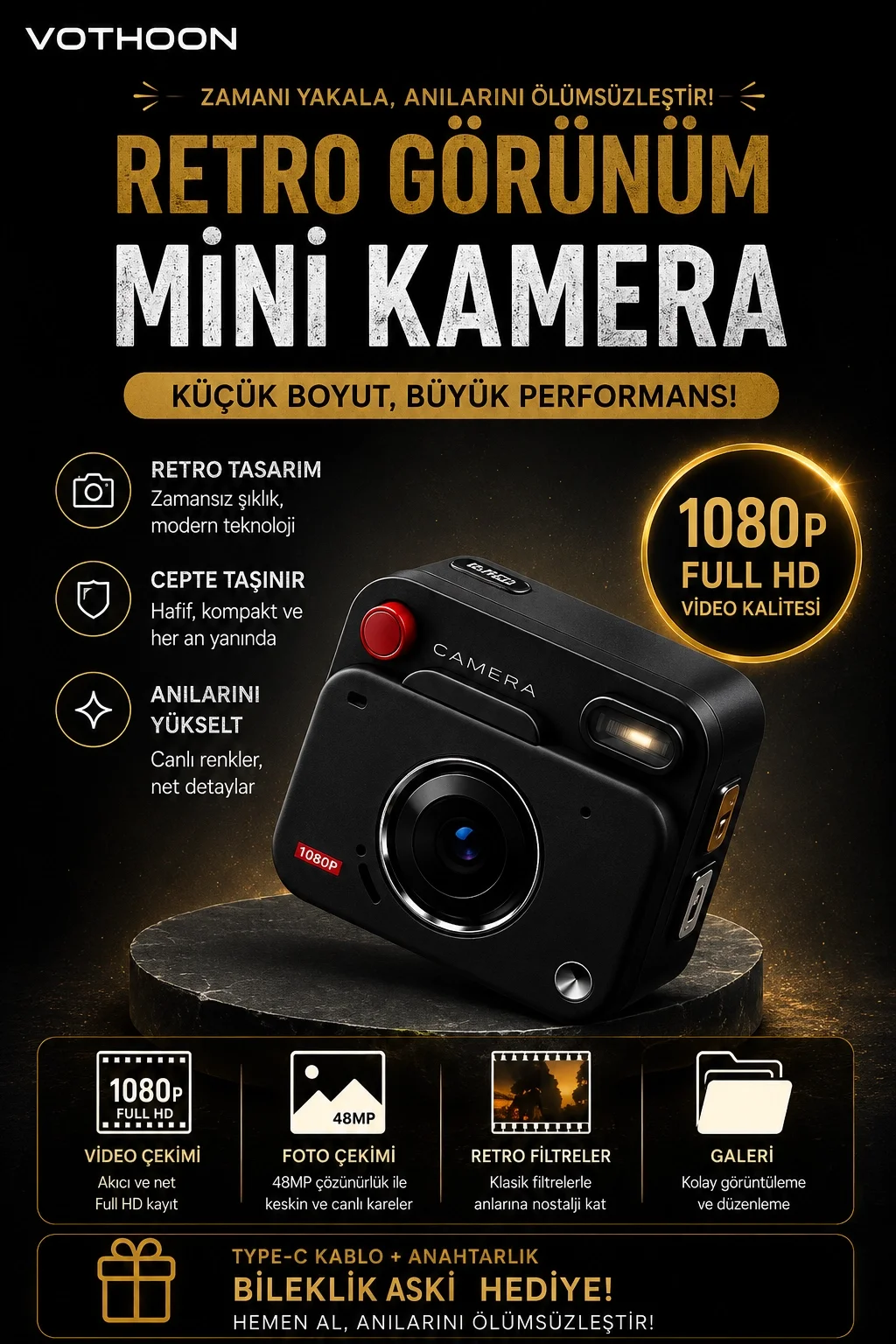 Nostaljik Tasarımı Retro Görünüm Kare ni Foto Video Kamera 1080P Full HD 32GB Kart Hediyeli görsel 5