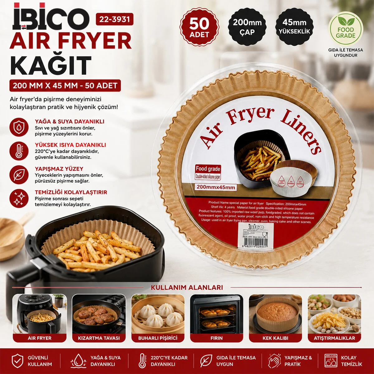 50PCS Yuvarlak Taban: 20CM - Kenar: 4.5CM Air Fryer Pişirme Kalıp Kağıt görsel 2
