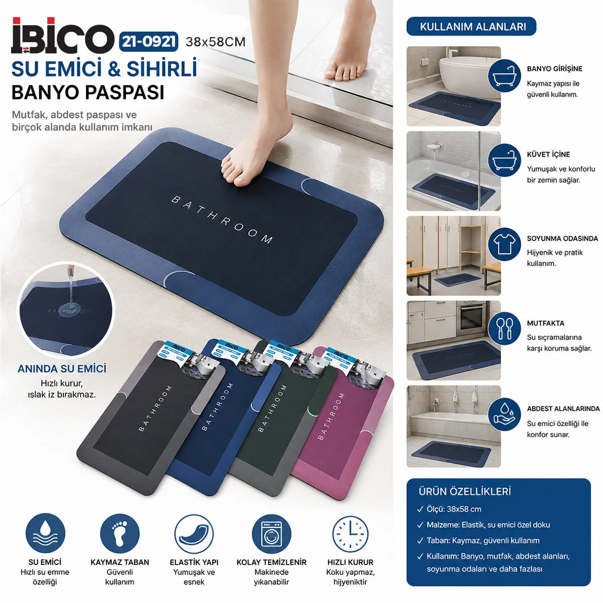 Dikdörtgen 38X58CM Su Eci - Sihirli Banyo Paspası Elastik görsel 2