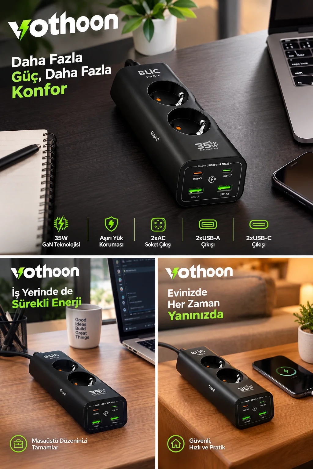 Akım Korumalı Priz 2 AC Soket 2 USB-A 2 USB-C 35W Hızlı Şarj 1050J Koruma 2 Mt Kablo 2200W görsel 4